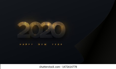 Happy New 2020 Year. Vector holiday illustration. Black numbers taxtured with golden glitters on curled paper sheet background. Festive event banner. Decoration element for poster or cover design