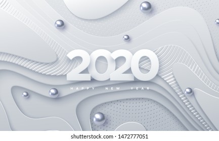 Happy New 2020 Year. Vector Holiday Illustration. Paper 3d Numbers On White Abstract Topography Background. Festive Event Banner. Geometric Wavy Shapes. Decoration Element For Poster Or Cover Design