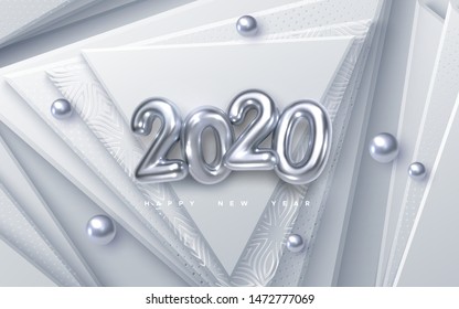 Happy New 2020 Year. Vector holiday illustration. Silver 3d numbers on white abstract background. Festive event banner. Geometric triangle shapes, spheres. Decoration element. Poster or cover design