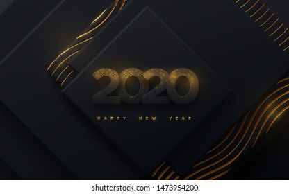 Happy New 2020 Year. Vector holiday illustration. Black paper numbers textured with glittering golden particles on geometric background. Festive banner. Decoration element for poster or cover design