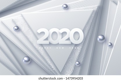 Happy New 2020 Year. Vector holiday illustration. Paper 3d numbers on white abstract background. Festive banner. Geometric triangle shapes and spheres. Decoration element for poster or cover design