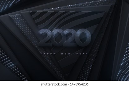 Happy New 2020 Year. Vector holiday illustration. Paper 3d numbers with silver glitters on black abstract background. Festive banner. Decoration element for poster or cover design