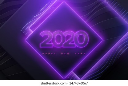 Happy New 2020 Year. Vector holiday illustration. Neon glowing numbers textured with glittering particles. Geometric square shapes background. Festive banner. Decoration for poster or cover design