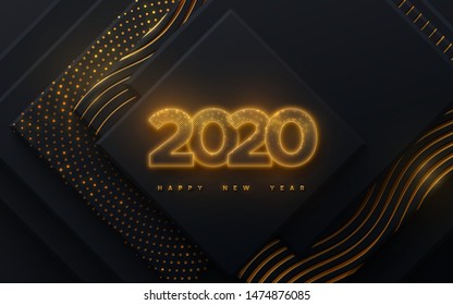 Feliz Nuevo año 2020. Ilustración de vacaciones de Vector. Números brillantes de neón texturizados con partículas brillantes sobre fondo geométrico. Anuncio festivo. Decoración para el diseño del cartel o de la cubierta