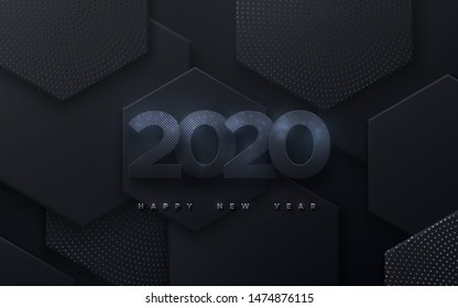 Happy New 2020 Year. Vector holiday illustration. Black paper numbers with silver glitters. Geometric background with hexagonal shapes. Festive banner. Decoration element for poster or cover design