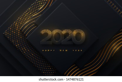 Happy New 2020 Year. Vector holiday illustration. Black paper numbers with golden glitters. Geometric background with shimmering patterns. Festive banner. Decoration element for poster or cover design