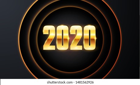 Happy New 2020 Year. Vector holiday illustration. Gold numbers 2020. Festive event banner with bursting light rays. Modern poster or cover design.