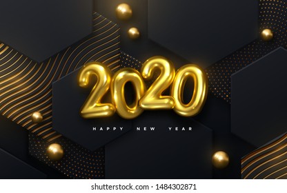 Happy New 2020 Year. Vector holiday illustration. Golden numbers 2020. Geometric background with black paper hex and sphere shapes. Festive banner. Decoration for poster or cover design