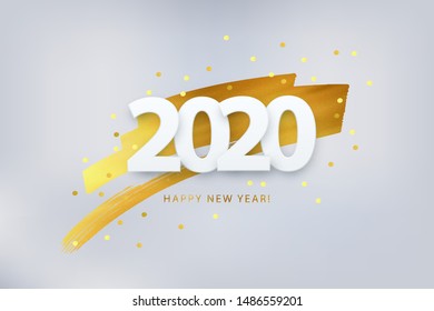 Happy New 2020 Year. Vector holiday illustration of paper cut numbers with sparkling confetti and golden brush stroke on white background. Festive event banner, cover, poster or greeting card design