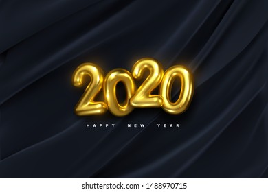 Happy New 2020 Year. Vector holiday illustration of golden numbers on black draped fabric background. Festive event banner. Decoration element for poster or cover design