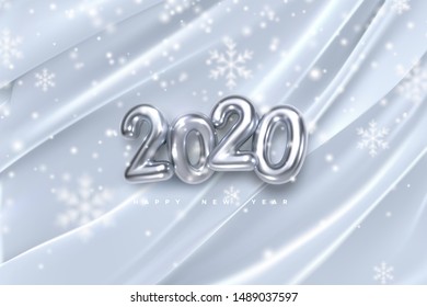 Happy New 2020 Year. Vector holiday illustration of silver numbers on white draped fabric background with falling snowflakes texture. Festive event banner. Decoration element. Poster or cover design