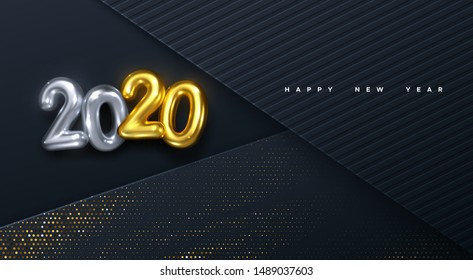 Happy New 2020 Year. Vector holiday illustration. Golden and silver numbers 2020. Geometric paper background with shimmering glitters patterns. Festive banner. Decoration for poster or cover design