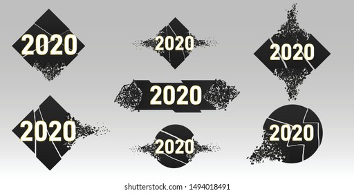 Happy New 2020 Year. Vector holiday illustration. Golden 3d numbers 2020.Geometric banners set.Abstract explosion of black glass. Square and circle destruction shapes.