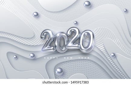 Happy New 2020 Year. Vector holiday illustration. Silver 3d numbers on white abstract topography background. Festive event banner. Geometric wavy shapes. Decoration element for poster or cover design