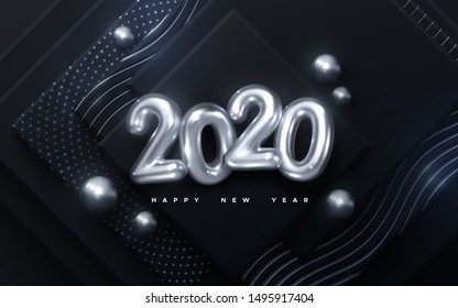 Happy New 2020 Year. Vector holiday illustration. Silver numbers 2020. Geometric paper cut background with shimmering glitters patterns. Festive banner. Decoration for poster or cover design