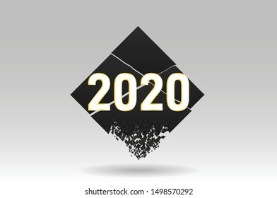 Happy New 2020 Year. Vector holiday illustration. Golden 3d numbers 2020.Geometric banners.Abstract explosion of black glass. Square and circle destruction shapes.
