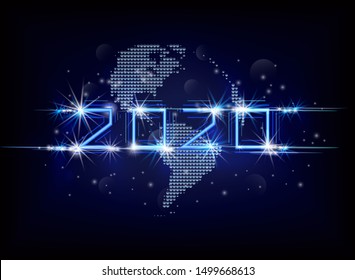 Happy New 2020 Year. Vector holiday illustration of glowing blue neon 2020 sign with lens flare light effect and abstract globe earth. Space with the inscription 2020.