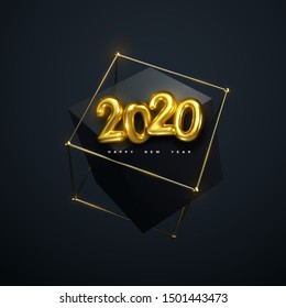 Happy New 2020 Year. Vector holiday illustration. Golden numbers 2020. Black and golden cubic shapes. Festive event banner. Poster or cover design