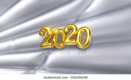 Happy New 2020 Year. Vector holiday illustration of golden numbers 2020 on white inflated fabric background. Festive event banner. Decoration element for poster or cover design