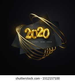 Feliz Nuevo año 2020. Ilustración de vacaciones de Vector. Golden 3d números 2020. Hojas de papel negro con brillantes brillos y anillo de oro. Anuncio de evento festivo. Diseño de póster o portada