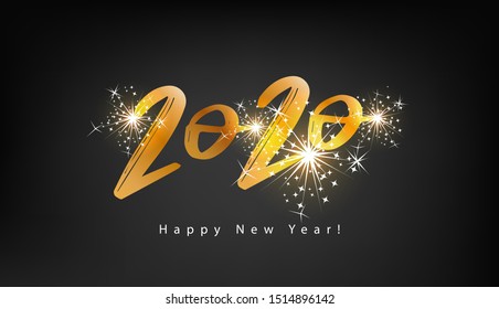 Alles Gute zum neuen Jahr 2020. Vektorgrafik für Feiertage. Goldene Zahlen auf schwarzem Hintergrund, strukturiert mit glänzenden Lichtern.