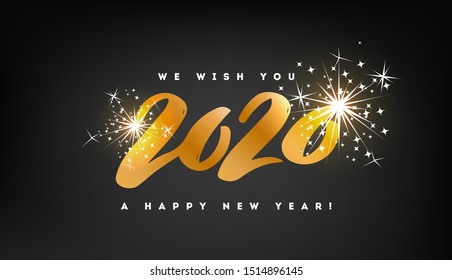 Happy New 2020 Year. Vector holiday illustration. Golden numbers on black background textured with shimmering lights.