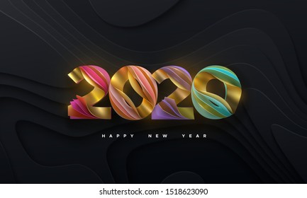 Happy New 2020 Year. Vector holiday illustration. Colorful layered numbers 2020 isolated on black paper cut background. Festive event banner. Decoration element for poster or cover design