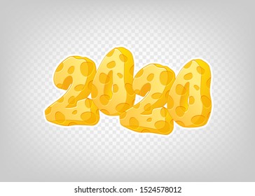 Happy new 2020 year. Vector holiday illustration. Hand drawn numbers with cheese texture on transparent background. Vector template for your design
