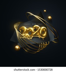 Happy New 2020 Year. Vector holiday illustration. Golden melted numbers 2020. Black paper sheets and golden ring shapes. Festive event banner. Poster or cover design