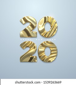 Happy New 2020 Year. Vector 3d illustration. Holiday NYE event sign. Golden metal characters 2020 with wavy sculpted pattern isolated on white. Festive banner or poster design