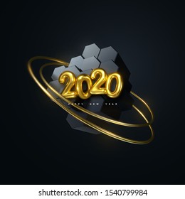 Happy New 2020 Year. Vector holiday illustration. Golden 3d numbers 2020. Black hexagonal shapes with golden rings. Festive event banner. Poster or cover design
