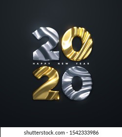 Happy New 2020 Year. Vector 3d illustration. Holiday NYE event sign. Silver and golden metal characters 2020 with wavy sculpted pattern isolated on black. Festive banner or poster design