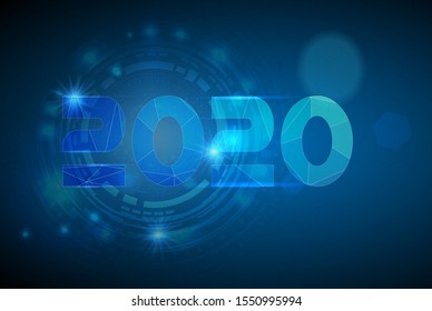 Happy New 2020 Year. Vector holiday illustration. Wireframe neon numbers 2020. New years 2020 form lines, wireframe, triangles and particle style design. Low poly 3D date number holiday greeting card
