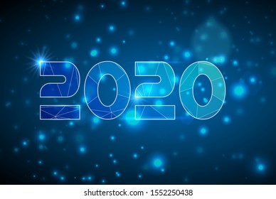 Happy New 2020 Year. Vector holiday illustration. Wireframe neon numbers 2020. New years 2020 form lines, wireframe, triangles and particle style design. Low poly 3D date number holiday greeting card