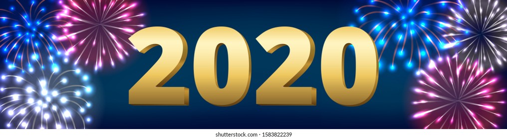 Happy new 2020 year, web horizontal banner. Dark sky with fireworks. New Year background