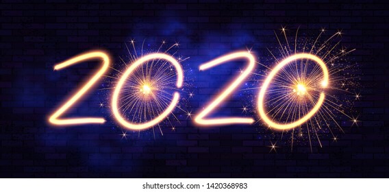 Happy New 2020 Year! Winter Holiday Design Templat. Neon Sign. Magic Light Effect.