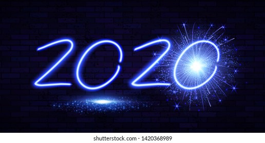 Happy New 2020 Year! Winter Holiday Design Templat. Neon Sign. Magic Light Effect.