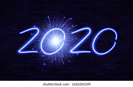 Happy New 2020 Year! Winter Holiday Design Templat. Neon Sign. Magic Light Effect.