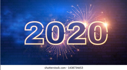 Happy New 2020 Year! Winter Holiday Design Templat. Neon Sign. Magic Light Effect.