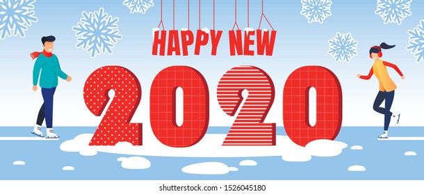 Happy New 2020 Year, Winter Vacation Leisure Activity, Holidays Celebration Trendy Flat Vector Concept. Happy Smiling Man and Woman in Warm Clothing Having Fun, Ice-Skating on River Ice Illustration