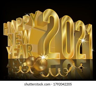 Happy New 2021 Year 3d, golden card, vector illustration