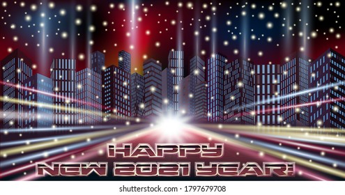 Happy New 2021 Year in Abstract Futuristic City, cityscape background, vector illustration