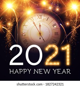 Happy New 2021 Year Background with Clock, Snowflakes and Bokeh Effect.
