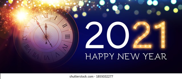 Happy New 2021 Year Background with Clock, Snowflakes and Bokeh Effect.