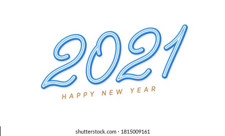 Happy New 2021 Year. Blue inclined lettering, outline number 2021, rounded digits with skew. Greeting card, Logo, Festive poster and banner. Vector illustration