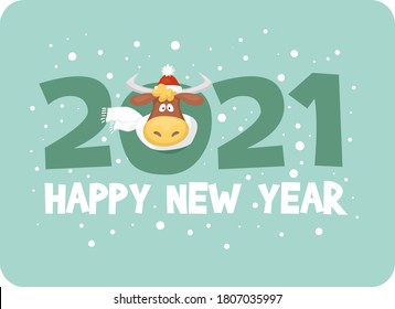 Happy new 2021 year of the bull. Cute cartoon vector greeting card or banner.