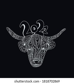 Happy new 2021 year of the bull. Holiday vector illustration. Black and white design. 2021 new year background