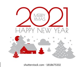 Happy New 2021 Year Christmas flyer with reindeer and winter landscape. Nordic design.