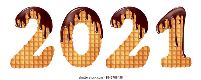 Happy New 2021 Year! Delicious crunchy waffles covered with hot chocolate in the shape of numbers. Vector illustration.