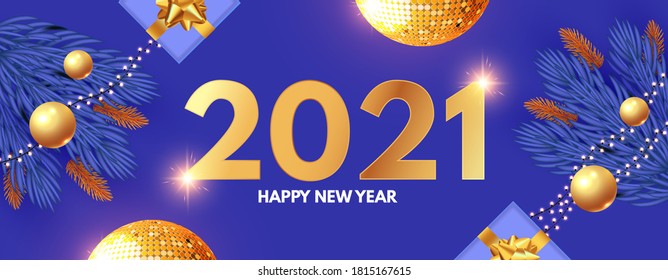 Happy New 2021 Year design template with gifts, fir tree branches, glossy golden balls and gold snowflakes